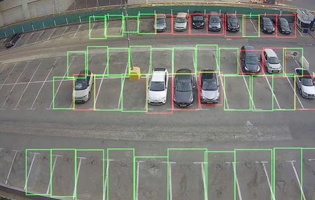 Large parking lot with per-spot occupancy detection overlays