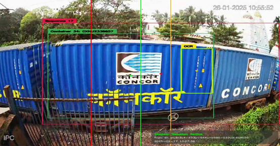 AI container identification with container number detection overlays on a rail wagon